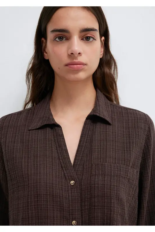 Kahverengi Gömlek Loose Fit / Bol Rahat Kesim 1211114-70236-Kahverengi - 6