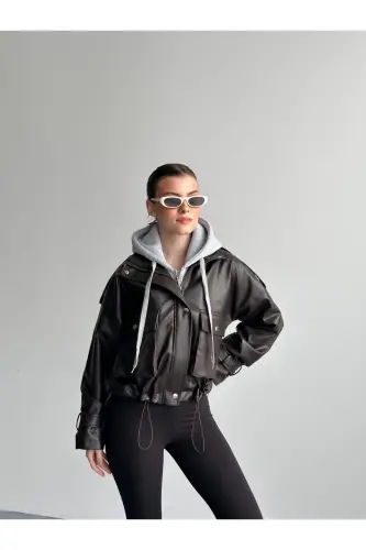 Kahverengi Gri Kapüşonlu Deri Ceket-Kahverengi - 1