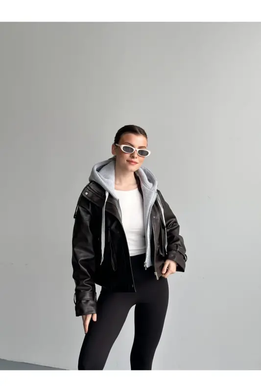 Kahverengi Gri Kapüşonlu Deri Ceket-Kahverengi - 2