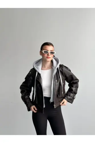 Kahverengi Gri Kapüşonlu Deri Ceket-Kahverengi - 3