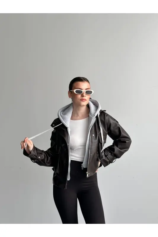 Kahverengi Gri Kapüşonlu Deri Ceket-Kahverengi - 4