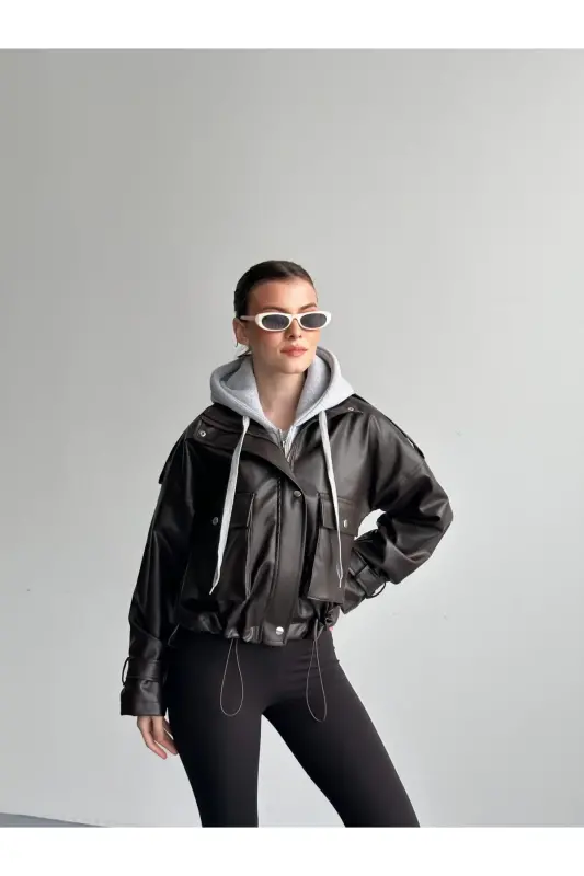 Kahverengi Gri Kapüşonlu Deri Ceket-Kahverengi - EKIM STORE