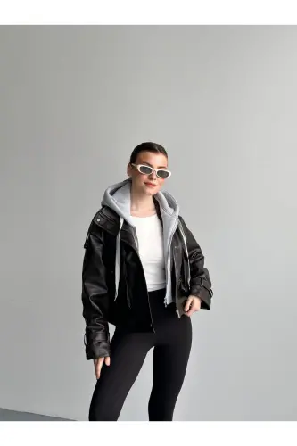 Kahverengi Gri Kapüşonlu Deri Ceket-Kahverengi - EKIM STORE (1)