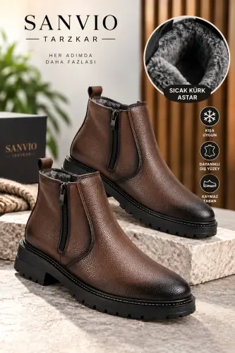 Kahverengi Günlük Içi Kürklü Soğuk Ve Su Geçirmez Garantili Sağlam Kaymaz Kauçuk Taban Yarım Bot - Acı Kahverengi - Sanvio Tarzkar (1)