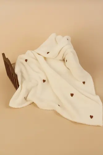 Kahverengi Kalp Desenli Nakışlı Bebek Battaniyesi 90x110 Krem Wellsoft-Kahverengi - 1