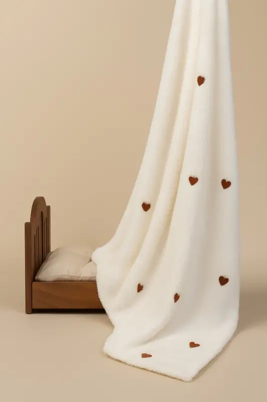 Kahverengi Kalp Desenli Nakışlı Bebek Battaniyesi 90x110 Krem Wellsoft-Kahverengi - 2