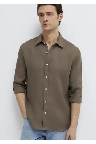 Kahverengi Keten Gömlek Slim Fit / Dar Kesim 0211466-83866 - Kahverengi-83866 