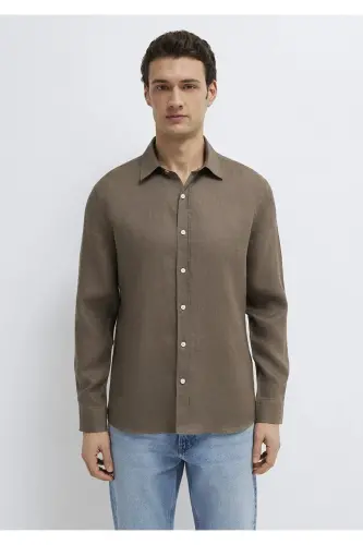 Kahverengi Keten Gömlek Slim Fit / Dar Kesim 0211466-83866 - Kahverengi-83866 - 3