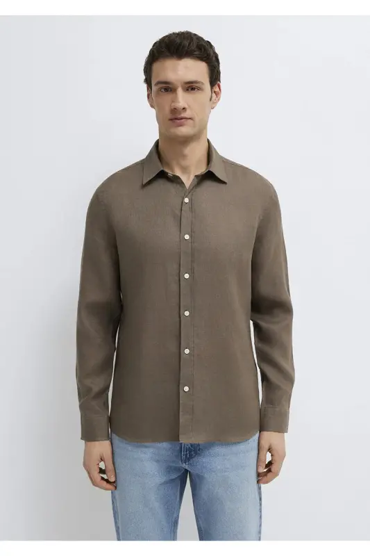 Kahverengi Keten Gömlek Slim Fit / Dar Kesim 0211466-83866 - Kahverengi-83866 - 3
