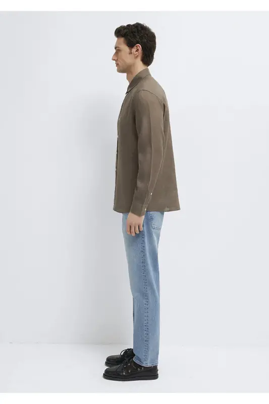 Kahverengi Keten Gömlek Slim Fit / Dar Kesim 0211466-83866 - Kahverengi-83866 - 4
