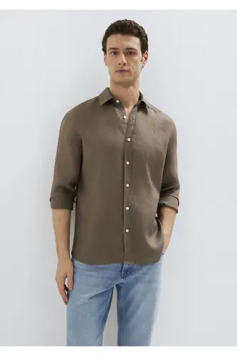 Kahverengi Keten Gömlek Slim Fit / Dar Kesim 0211466-83866 - Kahverengi-83866 - MAVI (1)