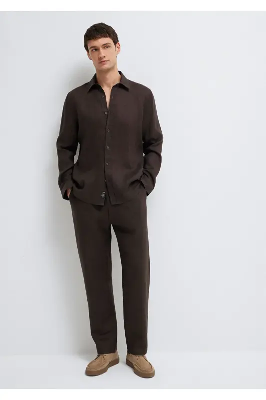Kahverengi Keten Gömlek Slim Fit / Dar Kesim 0211466-83866-Kahverengi - 2