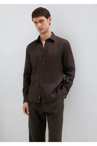 Kahverengi Keten Gömlek Slim Fit / Dar Kesim 0211466-83866-Kahverengi - 3