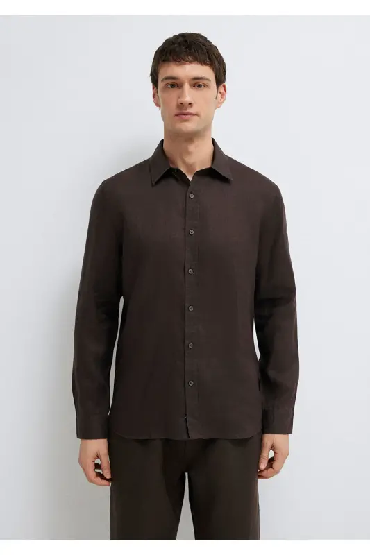 Kahverengi Keten Gömlek Slim Fit / Dar Kesim 0211466-83866-Kahverengi - 4