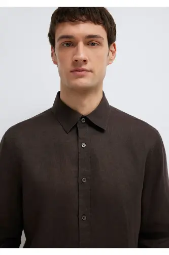 Kahverengi Keten Gömlek Slim Fit / Dar Kesim 0211466-83866-Kahverengi - 7