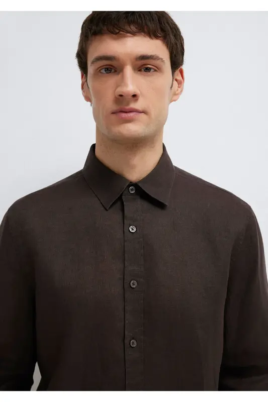 Kahverengi Keten Gömlek Slim Fit / Dar Kesim 0211466-83866-Kahverengi - 7