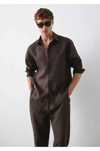 Kahverengi Keten Gömlek Slim Fit / Dar Kesim 0211466-83866 - Kahverengi - 3