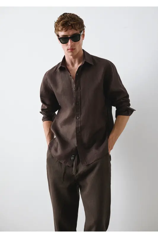 Kahverengi Keten Gömlek Slim Fit / Dar Kesim 0211466-83866 - Kahverengi - 3