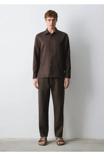 Kahverengi Keten Gömlek Slim Fit / Dar Kesim 0211466-83866 - Kahverengi - 4