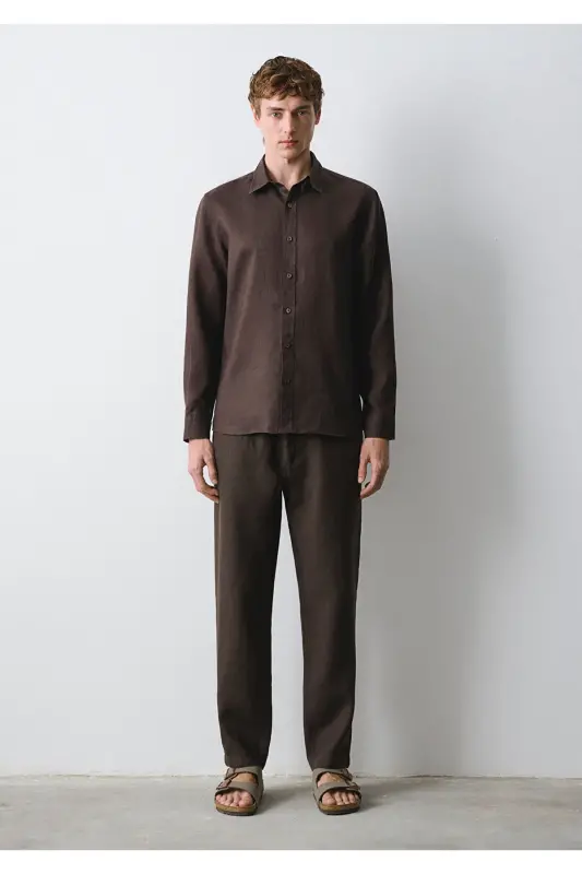 Kahverengi Keten Gömlek Slim Fit / Dar Kesim 0211466-83866 - Kahverengi - 4