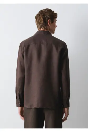 Kahverengi Keten Gömlek Slim Fit / Dar Kesim 0211466-83866 - Kahverengi - 5