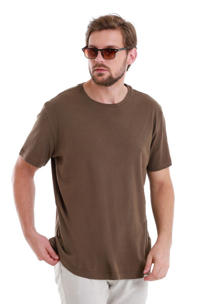 Kahverengi Regular Fit Düz Bisiklet Yaka Keten Tişört-Kahverengi 