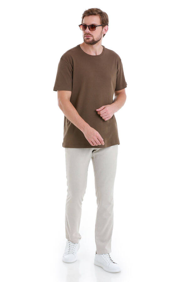 Kahverengi Regular Fit Düz Bisiklet Yaka Keten Tişört-Kahverengi - 2