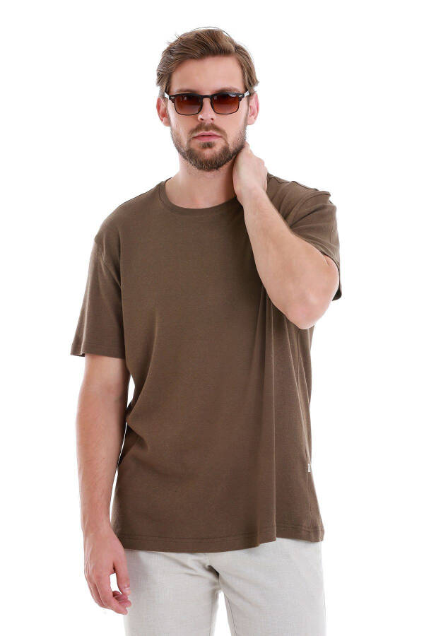 Kahverengi Regular Fit Düz Bisiklet Yaka Keten Tişört-Kahverengi - 4