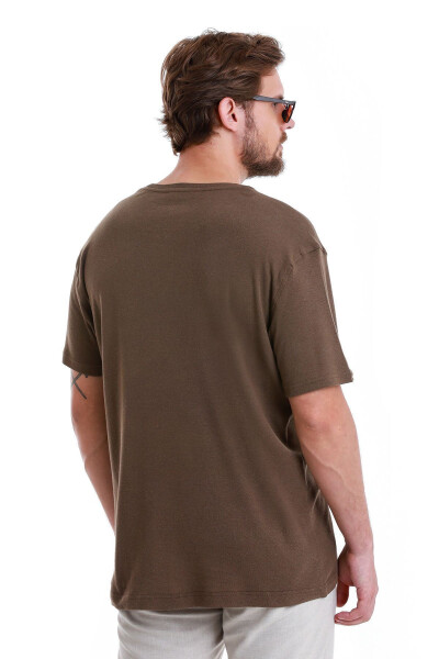Kahverengi Regular Fit Düz Bisiklet Yaka Keten Tişört-Kahverengi - 7