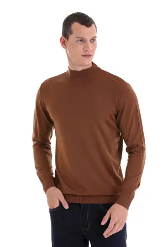 Kahverengi Regular Fit Düz Yarım Balıkçı Yaka Yünlü Triko Kazak-Tütün - HATEMOĞLU (1)