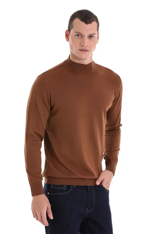 Kahverengi Regular Fit Düz Yarım Balıkçı Yaka Yünlü Triko Kazak-Tütün - 4