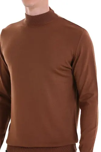 Kahverengi Regular Fit Düz Yarım Balıkçı Yaka Yünlü Triko Kazak-Tütün - 5