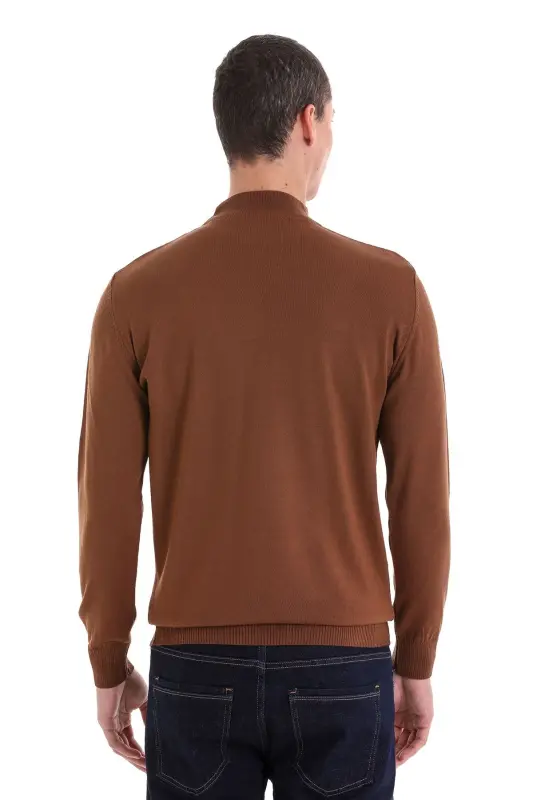 Kahverengi Regular Fit Düz Yarım Balıkçı Yaka Yünlü Triko Kazak-Tütün - 6