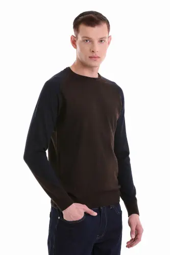 Kahverengi Regular Fit Jakarlı Bisiklet Yaka Yünlü Triko Kazak-Kahverengi - 1