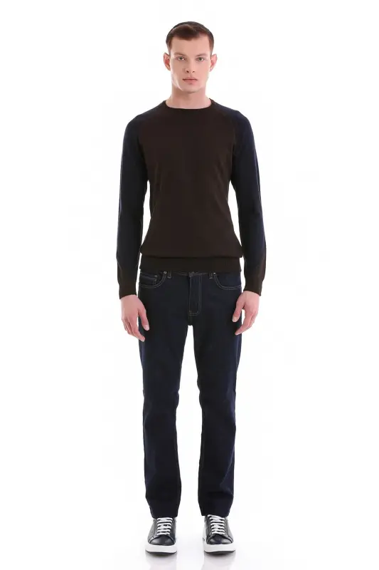 Kahverengi Regular Fit Jakarlı Bisiklet Yaka Yünlü Triko Kazak-Kahverengi - 2