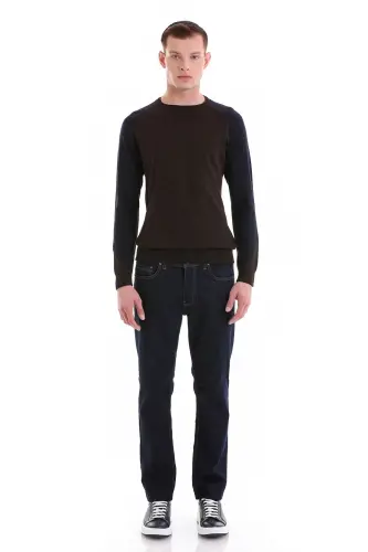 Kahverengi Regular Fit Jakarlı Bisiklet Yaka Yünlü Triko Kazak-Kahverengi - 2