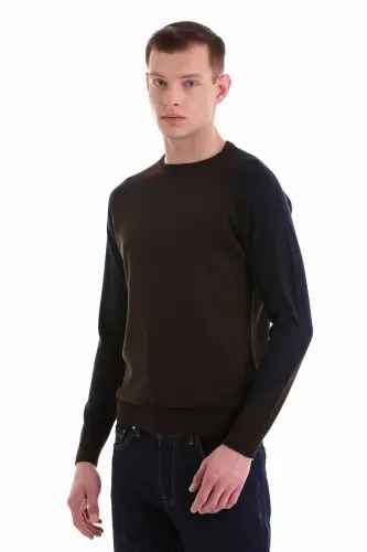 Kahverengi Regular Fit Jakarlı Bisiklet Yaka Yünlü Triko Kazak-Kahverengi - 3