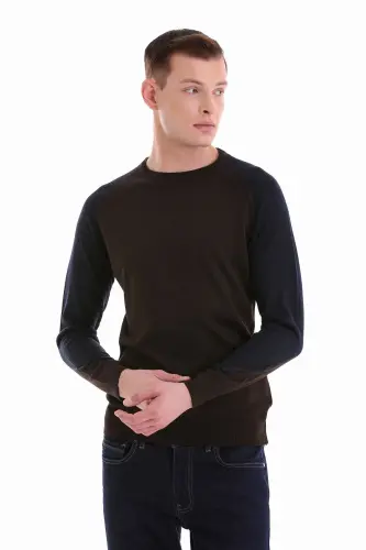 Kahverengi Regular Fit Jakarlı Bisiklet Yaka Yünlü Triko Kazak-Kahverengi - 4