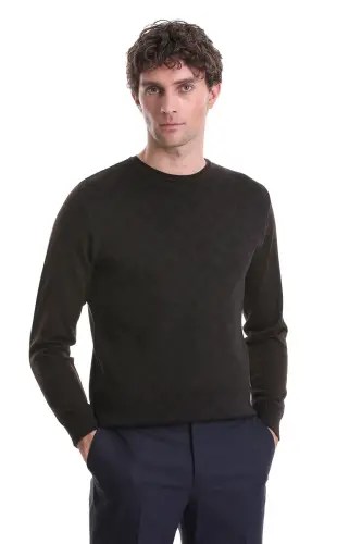 Kahverengi Regular Fit Jakarlı Bisiklet Yaka Yünlü Triko Kazak-Kahverengi - 1