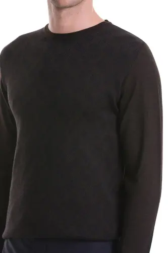 Kahverengi Regular Fit Jakarlı Bisiklet Yaka Yünlü Triko Kazak-Kahverengi - 5