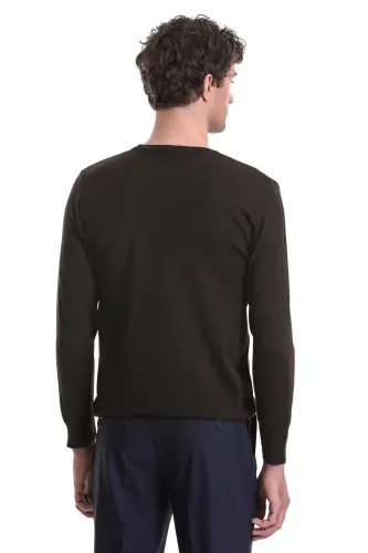 Kahverengi Regular Fit Jakarlı Bisiklet Yaka Yünlü Triko Kazak-Kahverengi - 6