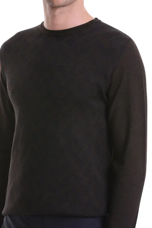 Kahverengi Regular Fit Jakarlı Bisiklet Yaka Yünlü Triko Kazak-Kahverengi - 5