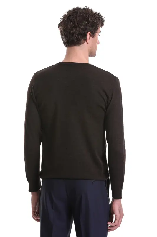Kahverengi Regular Fit Jakarlı Bisiklet Yaka Yünlü Triko Kazak-Kahverengi - 6