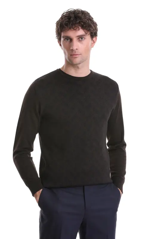 Kahverengi Regular Fit Jakarlı Bisiklet Yaka Yünlü Triko Kazak-Kahverengi - 1