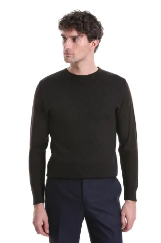 Kahverengi Regular Fit Jakarlı Bisiklet Yaka Yünlü Triko Kazak-Kahverengi - 3