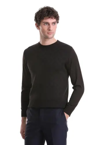 Kahverengi Regular Fit Jakarlı Bisiklet Yaka Yünlü Triko Kazak-Kahverengi - 4