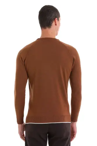 Kahverengi Regular Fit Jakarlı Bisiklet Yaka Yünlü Triko Kazak-Tütün - 6