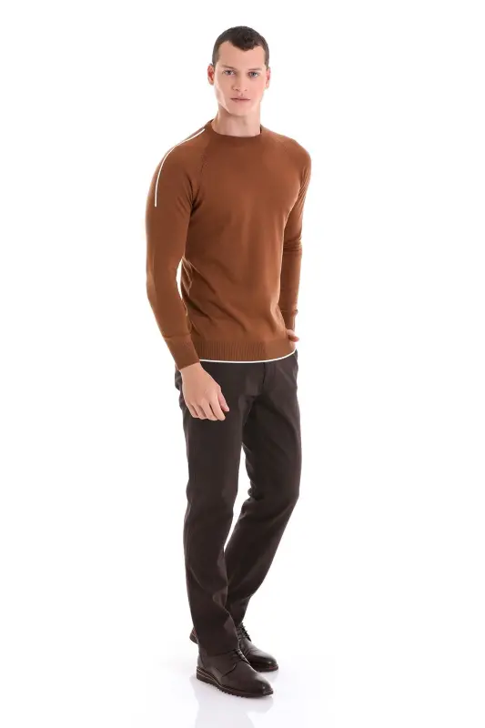 Kahverengi Regular Fit Jakarlı Bisiklet Yaka Yünlü Triko Kazak-Tütün - HATEMOĞLU