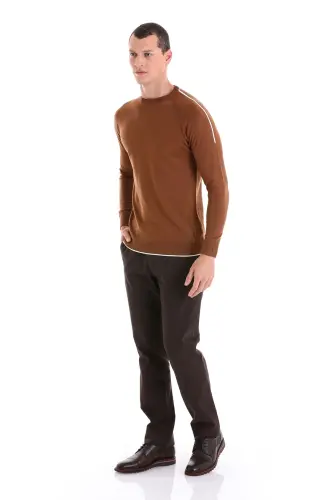 Kahverengi Regular Fit Jakarlı Bisiklet Yaka Yünlü Triko Kazak-Tütün - 3