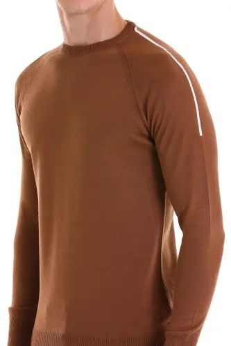 Kahverengi Regular Fit Jakarlı Bisiklet Yaka Yünlü Triko Kazak-Tütün - 5